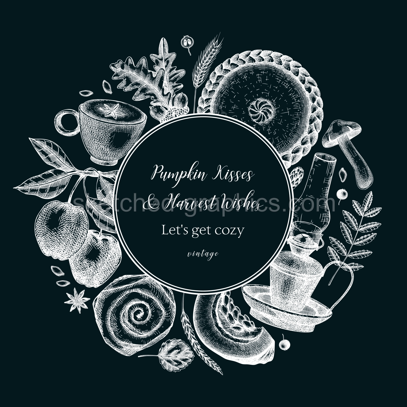 Chalkboard autumn wreath design template. Hand-drawn vector illustration. Pumpkin, hot drink, fruit, pie, pastry, fall leaves sketches. Vintage Thanksgiving background Illustration